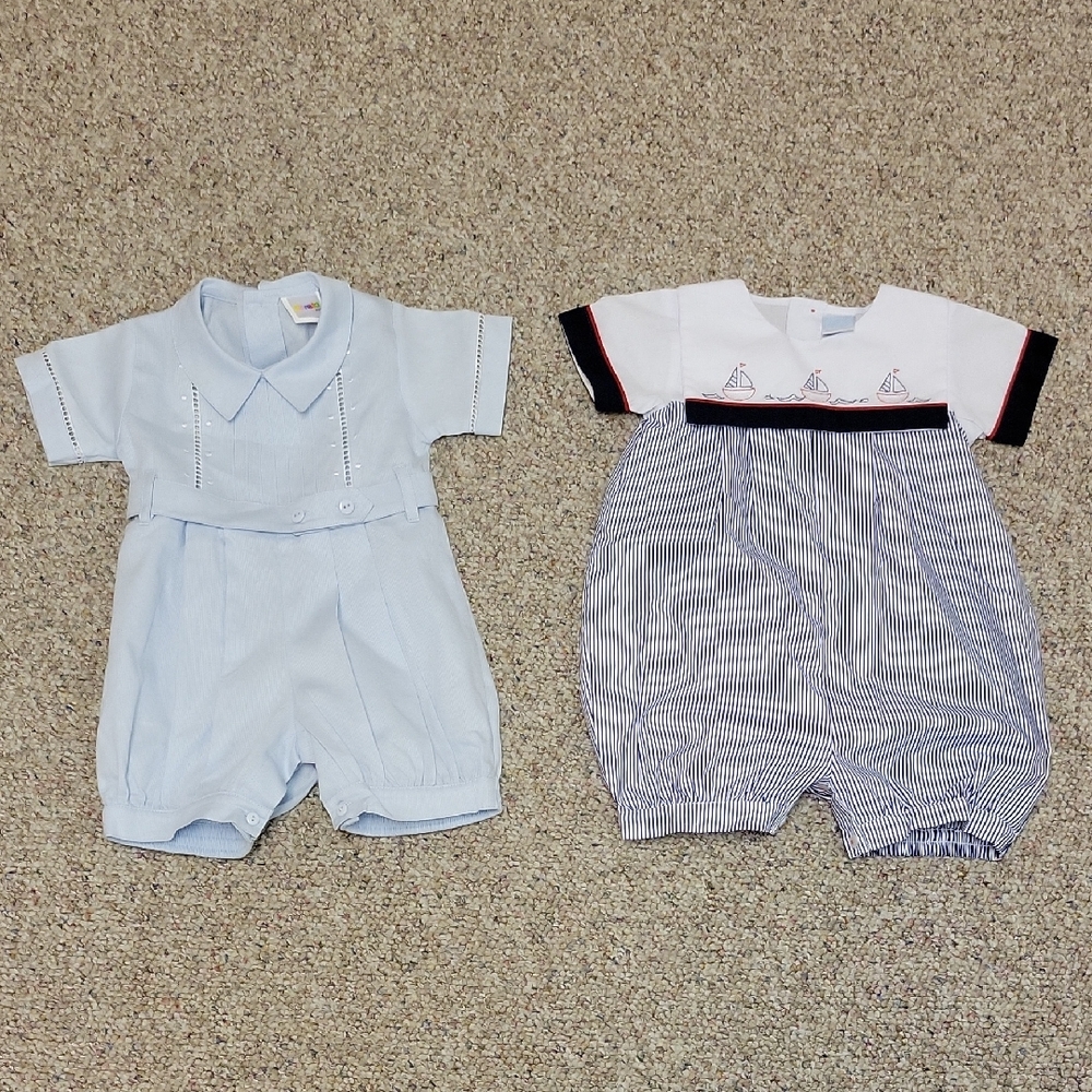 Baby Boy Two-Piece Romper Set - Light Blue & Navy Stripes 9m/12m